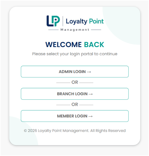Loyalty Point admin, branch and member login screen