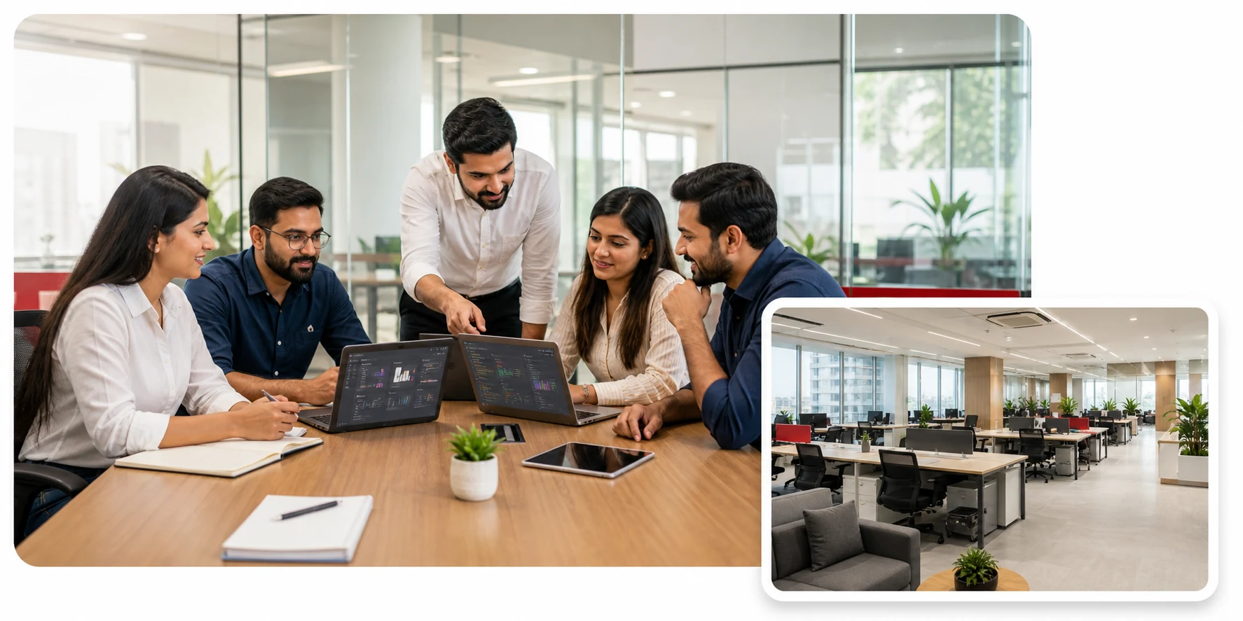 PCUBE software development team collaborating in a modern office